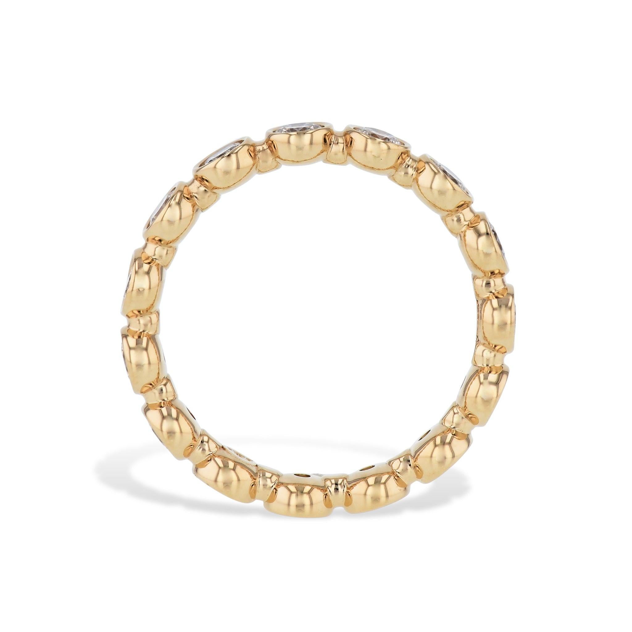 Behold the stunning Yellow Gold Round Diamond Eternity Band Ring from H&H Jewels, crafted with the utmost care and attention to detail. Featuring 18kt yellow gold, gleaming round cut diamonds, and a bezel setting for a secure and alluring look.