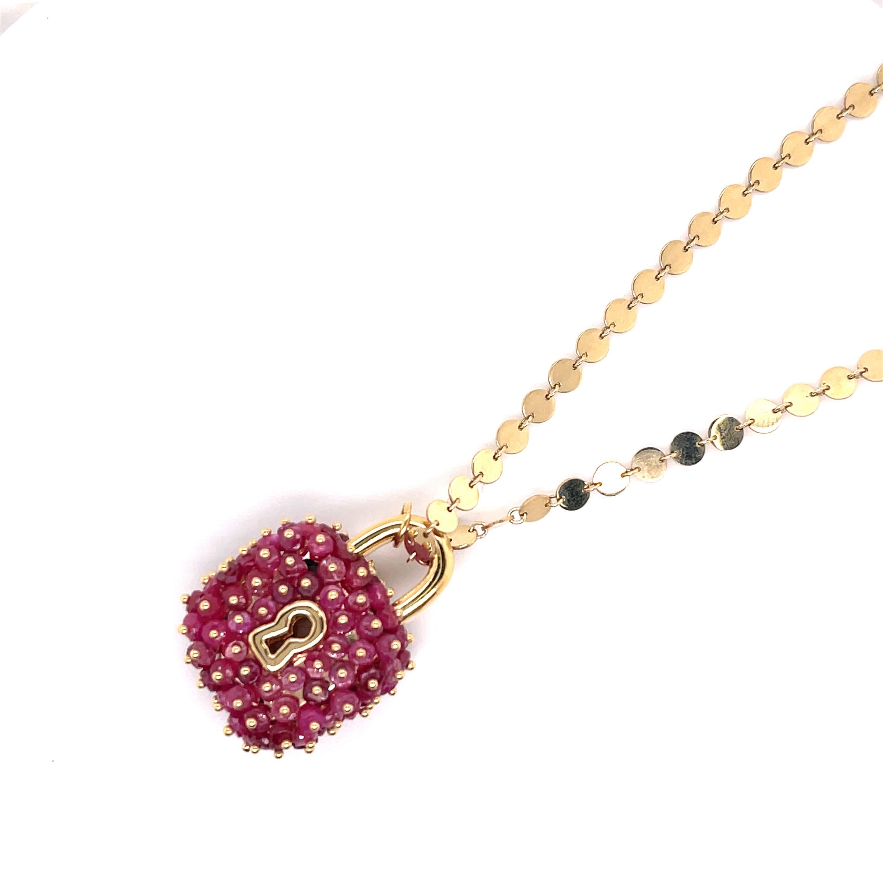 Modern Yellow Gold Round Disc Chain with Ruby Beaded Padlock Charm  For Sale