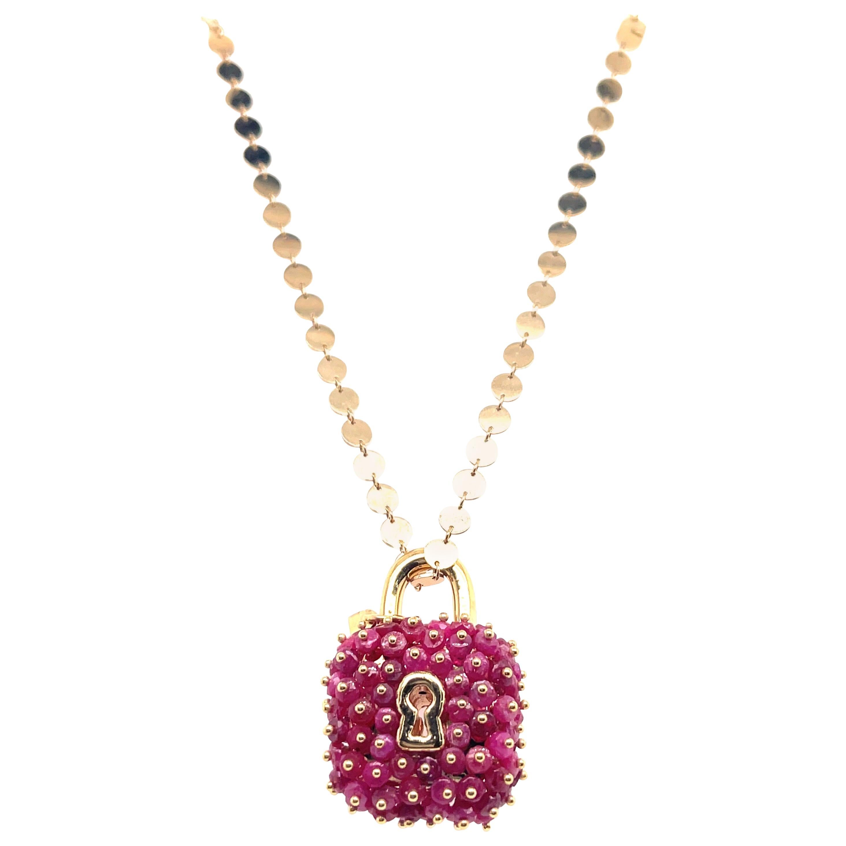 Yellow Gold Round Disc Chain with Ruby Beaded Padlock Charm  For Sale