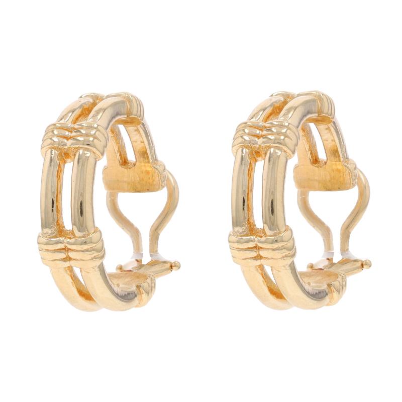 Metal Content: 14k Yellow Gold

Style: Round Double Hoop
Fastening Type: Clip-On Closures

Measurements

Tall: 27/32