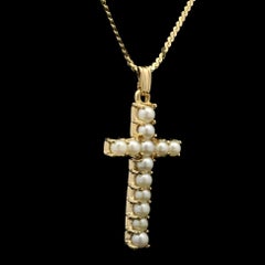 Yellow Gold Round Pearl Cross Pendant on 23.5" S Link Chain Necklace