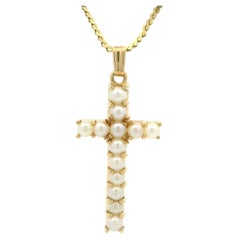 Yellow Gold Round Pearl Cross Pendant on 23.5" S Link Chain Necklace