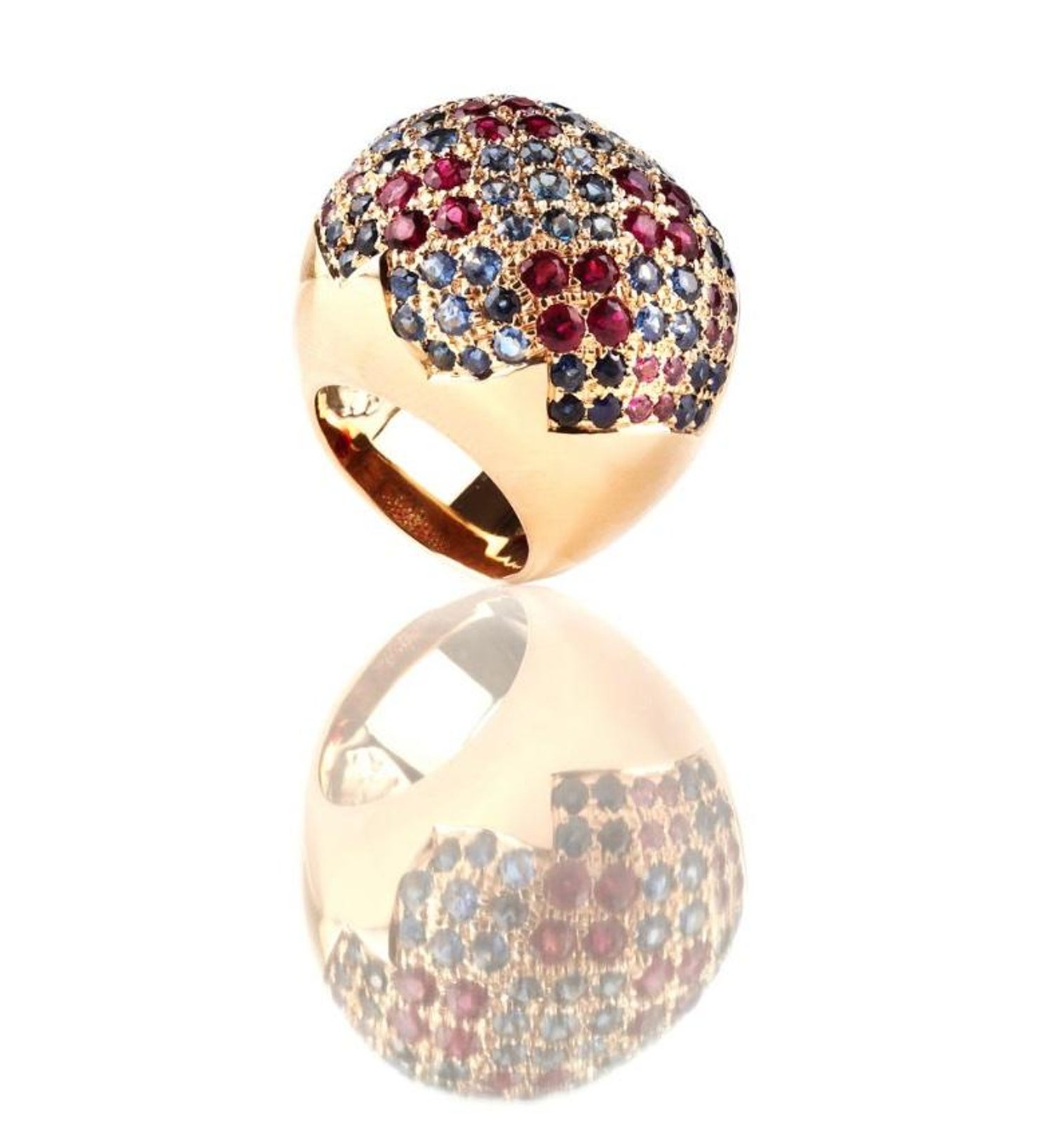 Yellow Gold Rubelite Blue and Pink Sapphire Dome Cocktail Ring For 