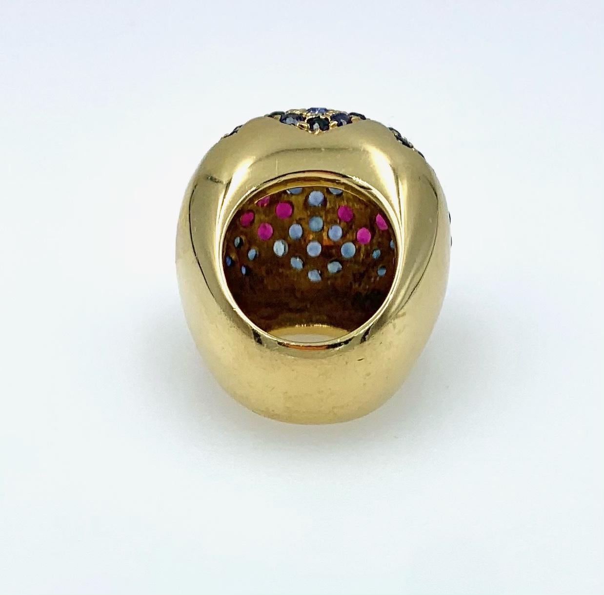 Contemporary Yellow Gold Rubelite Blue and Pink Sapphire Dome Cocktail Ring For Sale