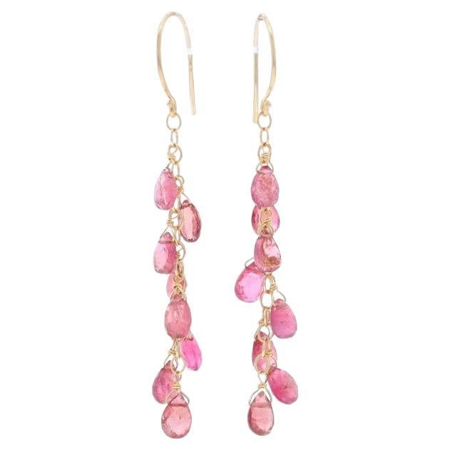 Yellow Gold Rubellite Dangle Earrings - 14k Briolette Pierced