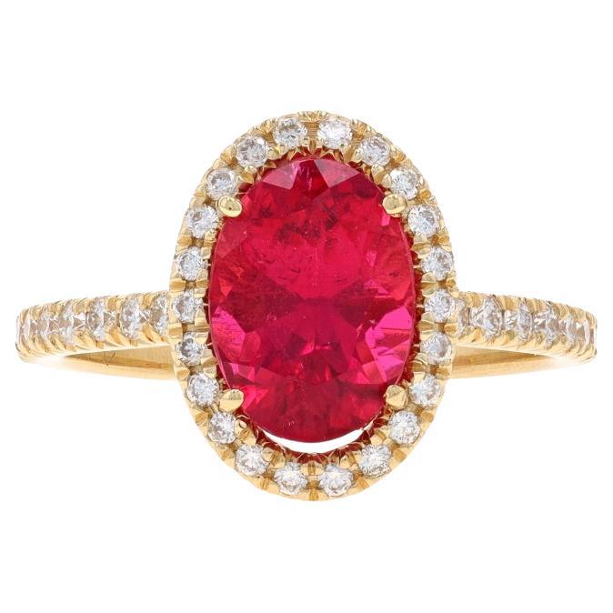 Yellow Gold Rubellite Tourmaline & Diamond Halo Ring 14k Oval 2.49ctw Cathedral For Sale