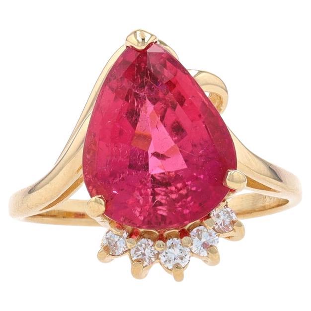 Yellow Gold Rubellite Tourmaline & Diamond Ring - 14k Pear Step 6.16ctw For Sale