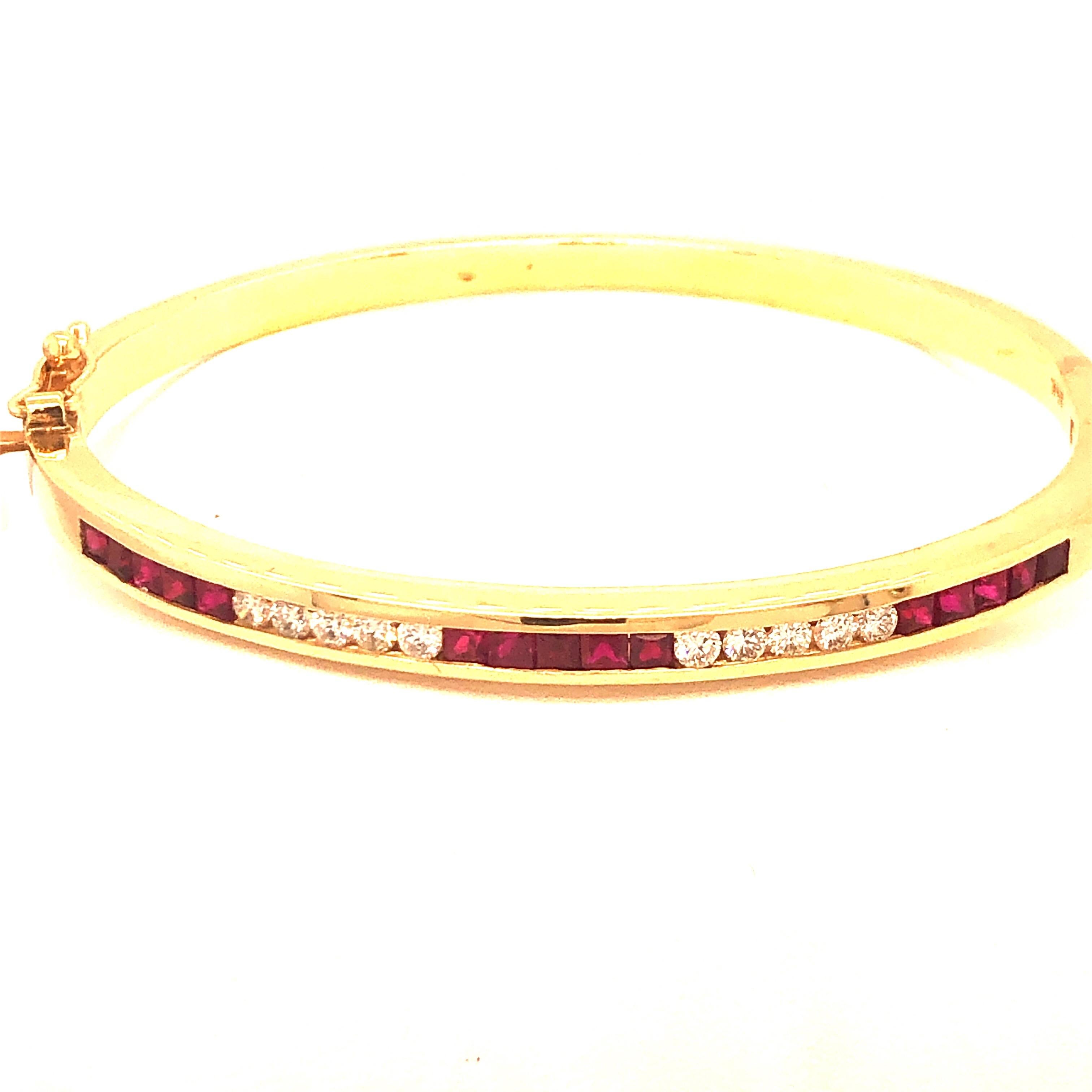 14K Yellow Gold Ruby and Diamond Bracelet with safety clasp and hinge.  