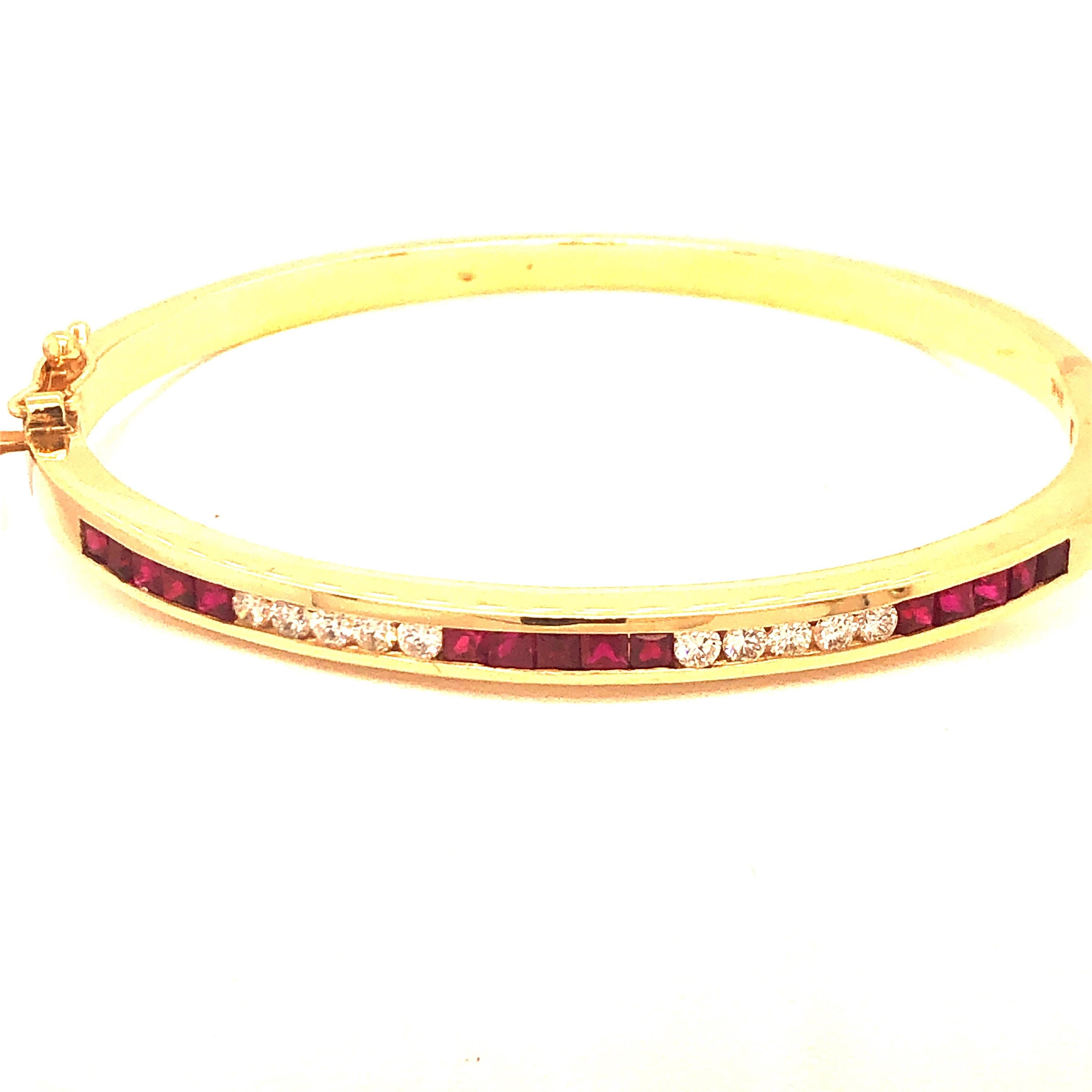 Modern Yellow Gold Ruby and Diamond Bangle Bracelet