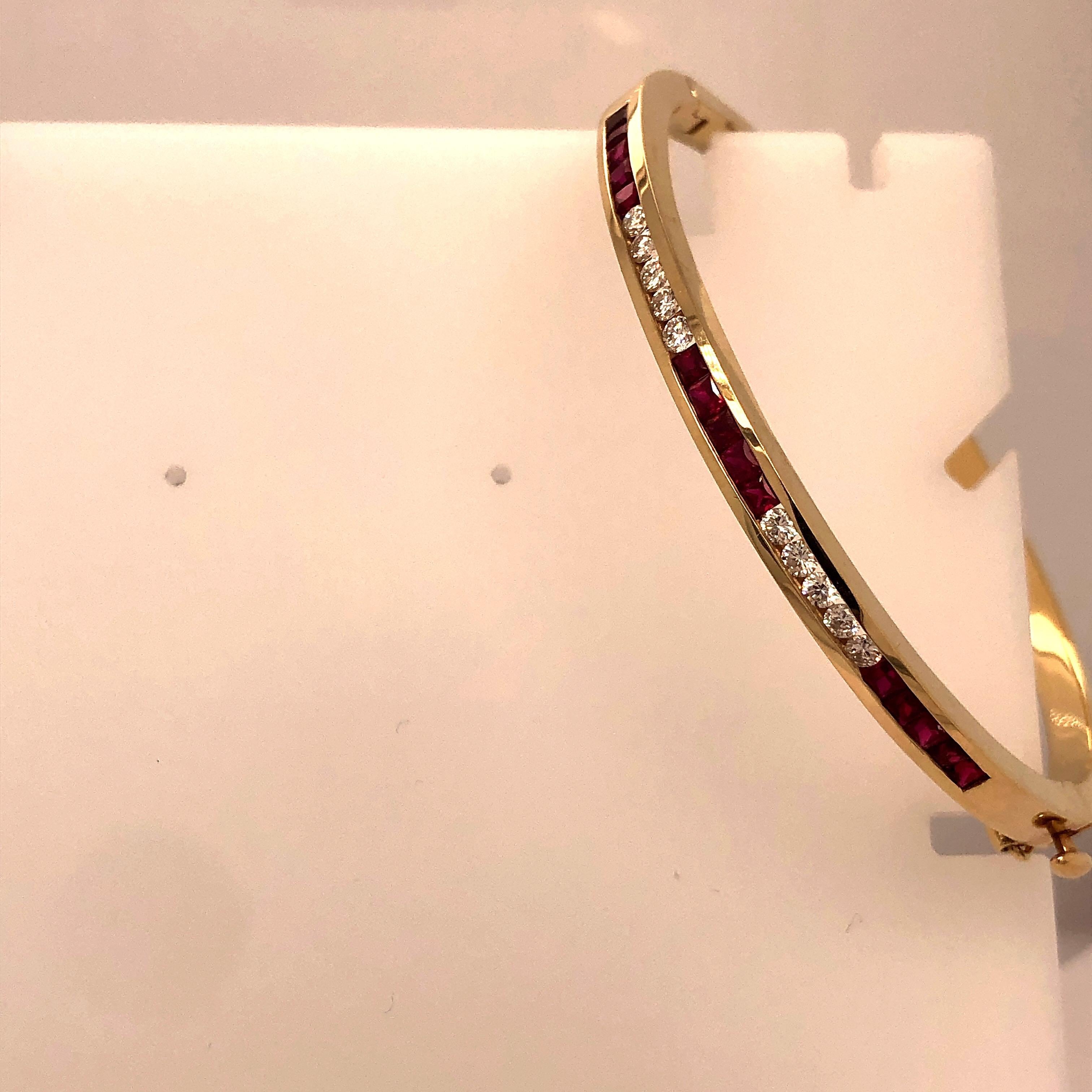 Yellow Gold Ruby and Diamond Bangle Bracelet In Fair Condition In Dallas, TX
