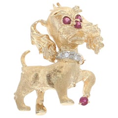 Vintage Yellow Gold Ruby and Diamond Dog Brooch, 14k Round Cut .24 Carat Pet Canine Pin