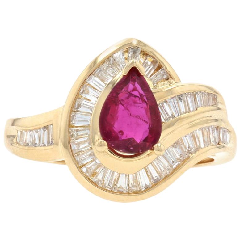 Yellow Gold Ruby and Diamond Halo Bypass Ring, 18 Karat Pear Cut 1.48 Carat
