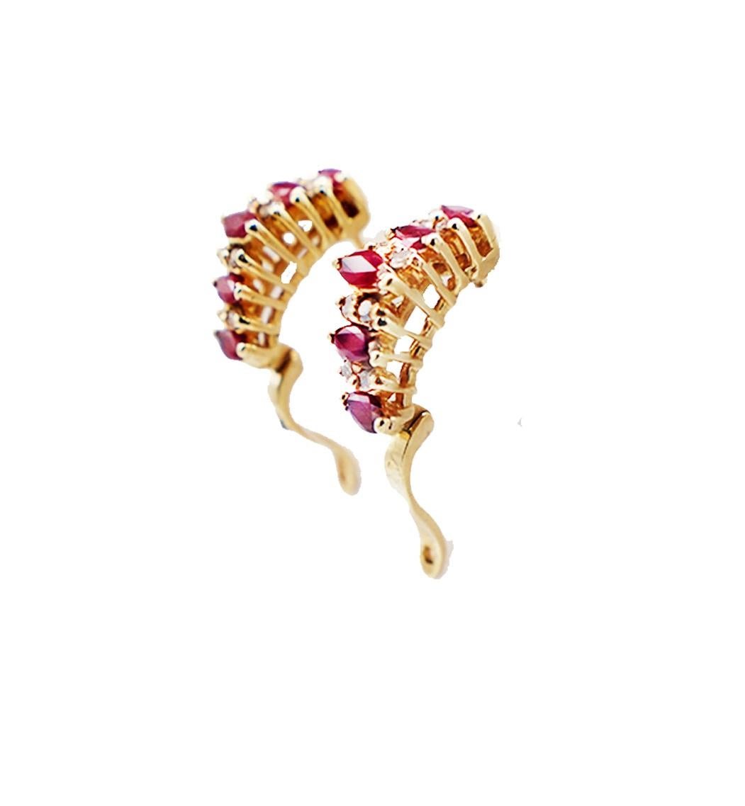 Marquise Ruby and Diamond Huggee Earrings hanging with a snap back closure.  

Earrings measure 17.50 mm long or .69 inch and are consisting of alternating 10-rubies and 16-diamonds. 
The weight of the rubies are estimated at .70 and diamonds at .15