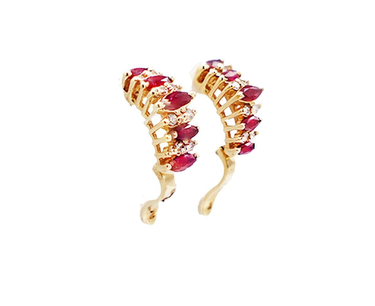 Marquise Cut Yellow Gold Ruby and Diamond Huggee Earrings, .85 Total Carat Weight