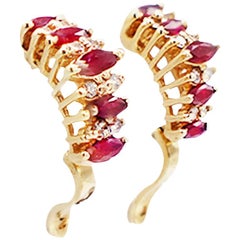 Antique Yellow Gold Ruby and Diamond Huggee Earrings, .85 Total Carat Weight