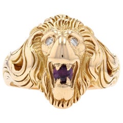 Vintage Yellow Gold Ruby and Diamond Lion's Head Ring, 14kt .35ct Round Brilliant Men's