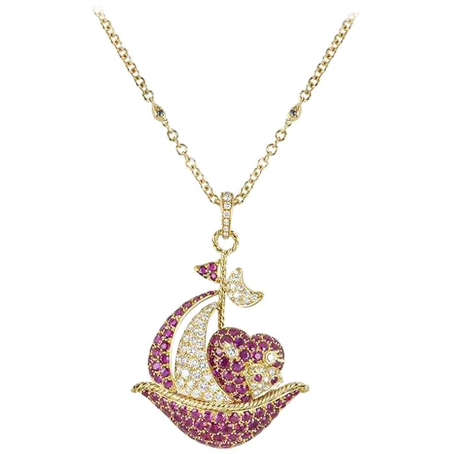 Yellow Gold Ruby and Diamond Sailing Boat Pendant For Sale