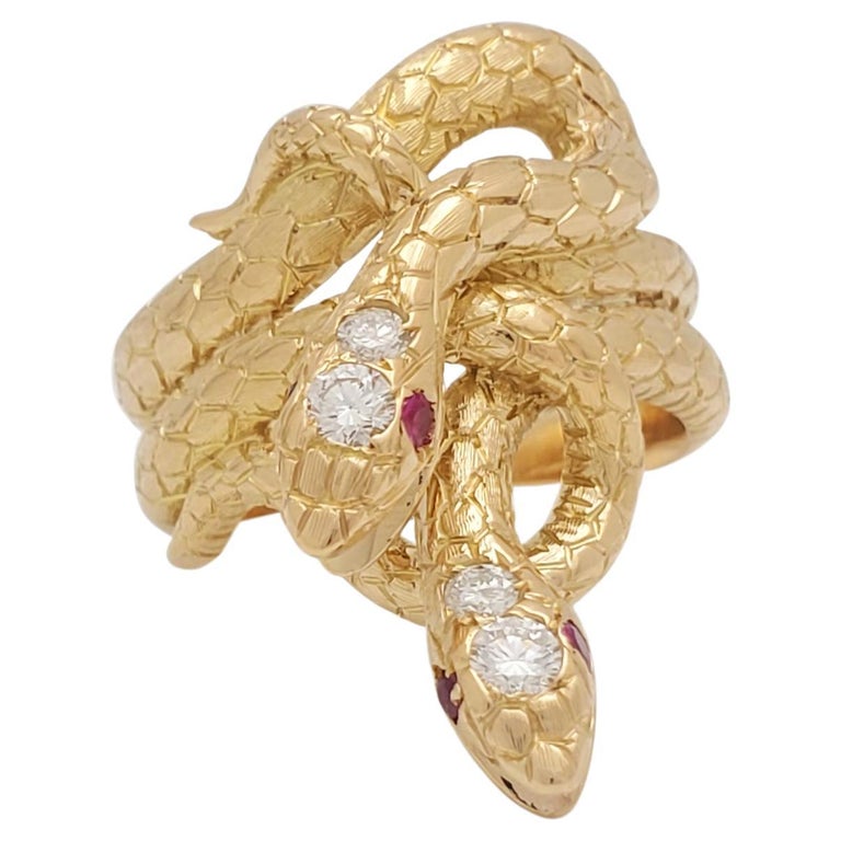 Yellow Gold Ruby and Diamond Snake Ring For Sale at 1stDibs