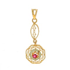 Ciondolo a forma di rubino in oro giallo Art Deco Lavaliere 14k con ottagono rotondo
