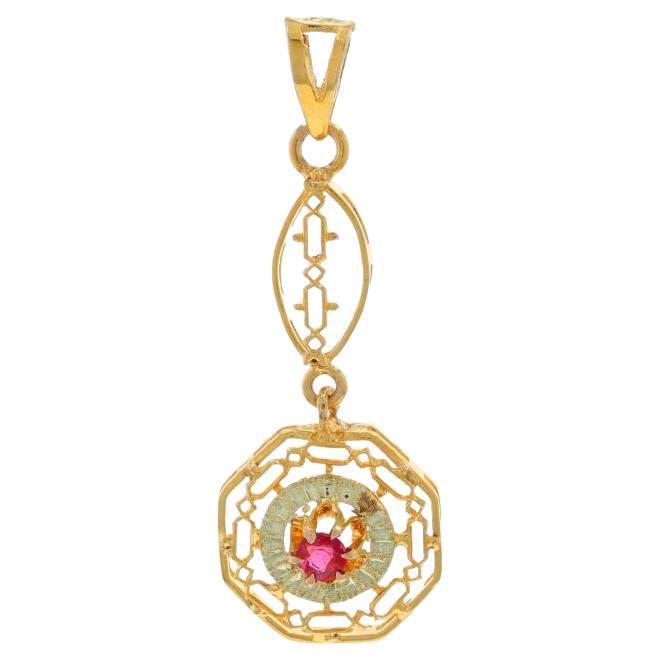 Colgante de oro amarillo Rubí Art Decó Lavaliere 14k Octágono redondo en venta