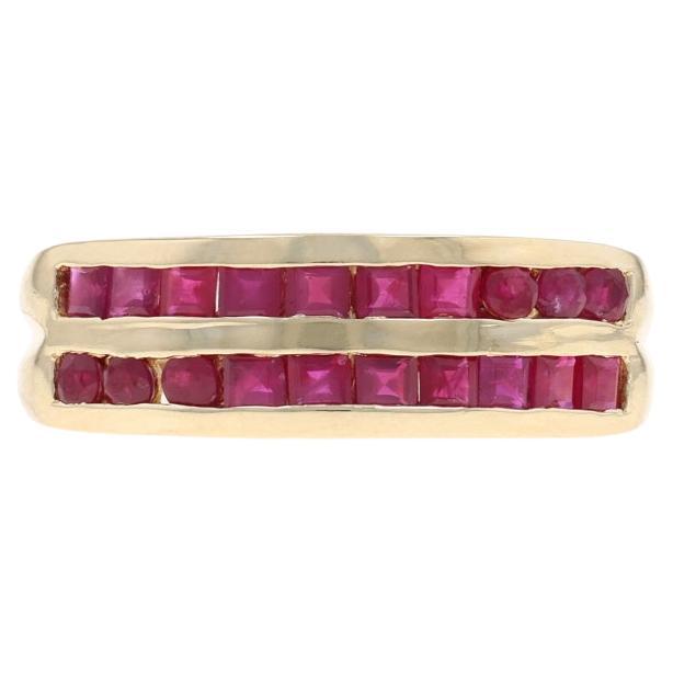 Yellow Gold Ruby Band - 14k Square 
Round 1.40ctw Stripes Channel Set Stones For Sale