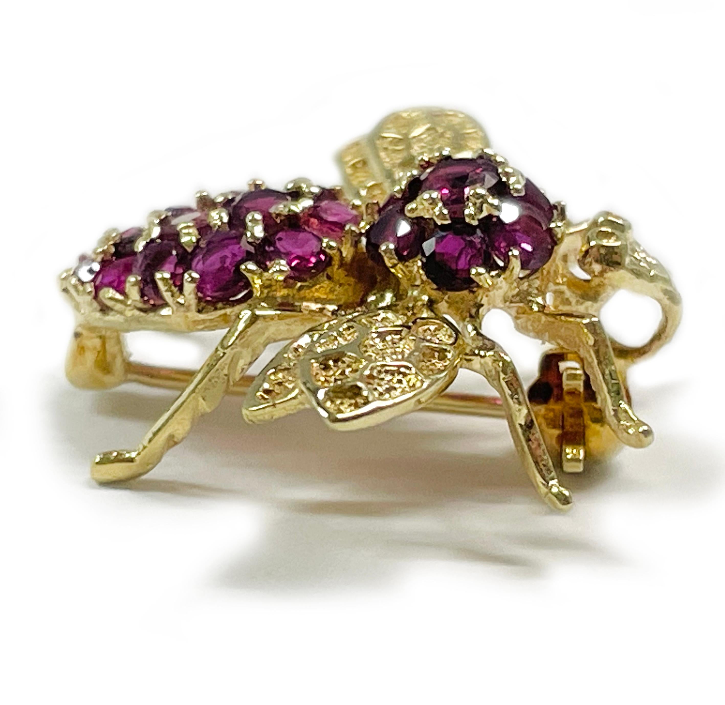 14 Karat Yellow Gold Ruby Bee/Fly Brooch Pin. This super sweet little bug will add sparkle to any outfit, it features twenty round rubies. The rubies range in size from 1.88 - 3.0mm and have a carat total weight of 1.40ctw. There are lovely details