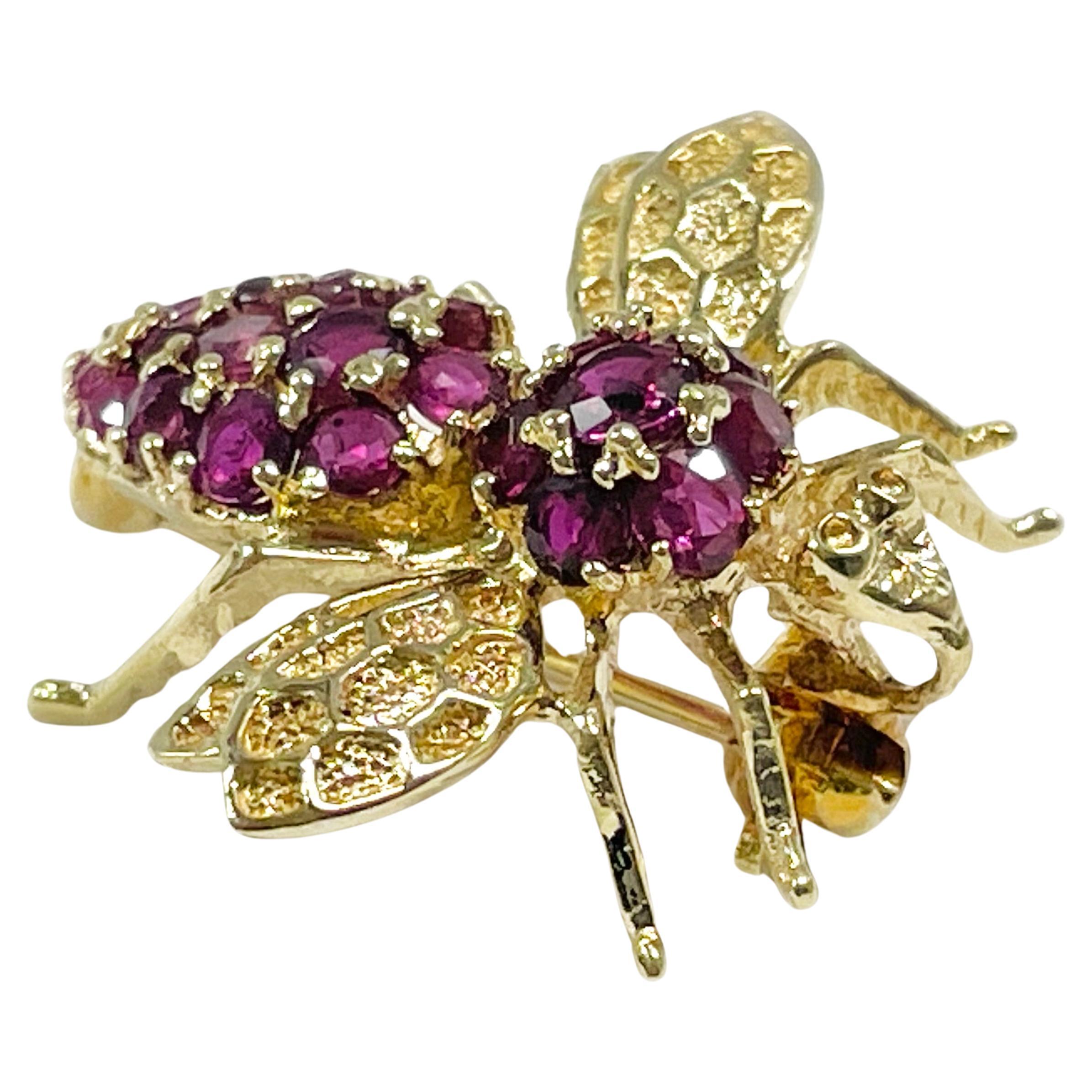 Yellow Gold Ruby Bee Fly Brooch Pin For Sale