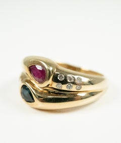 14k Yellow Gold Bypass Ring with Ruby, Sapphire, Diamonds, Circa 1980