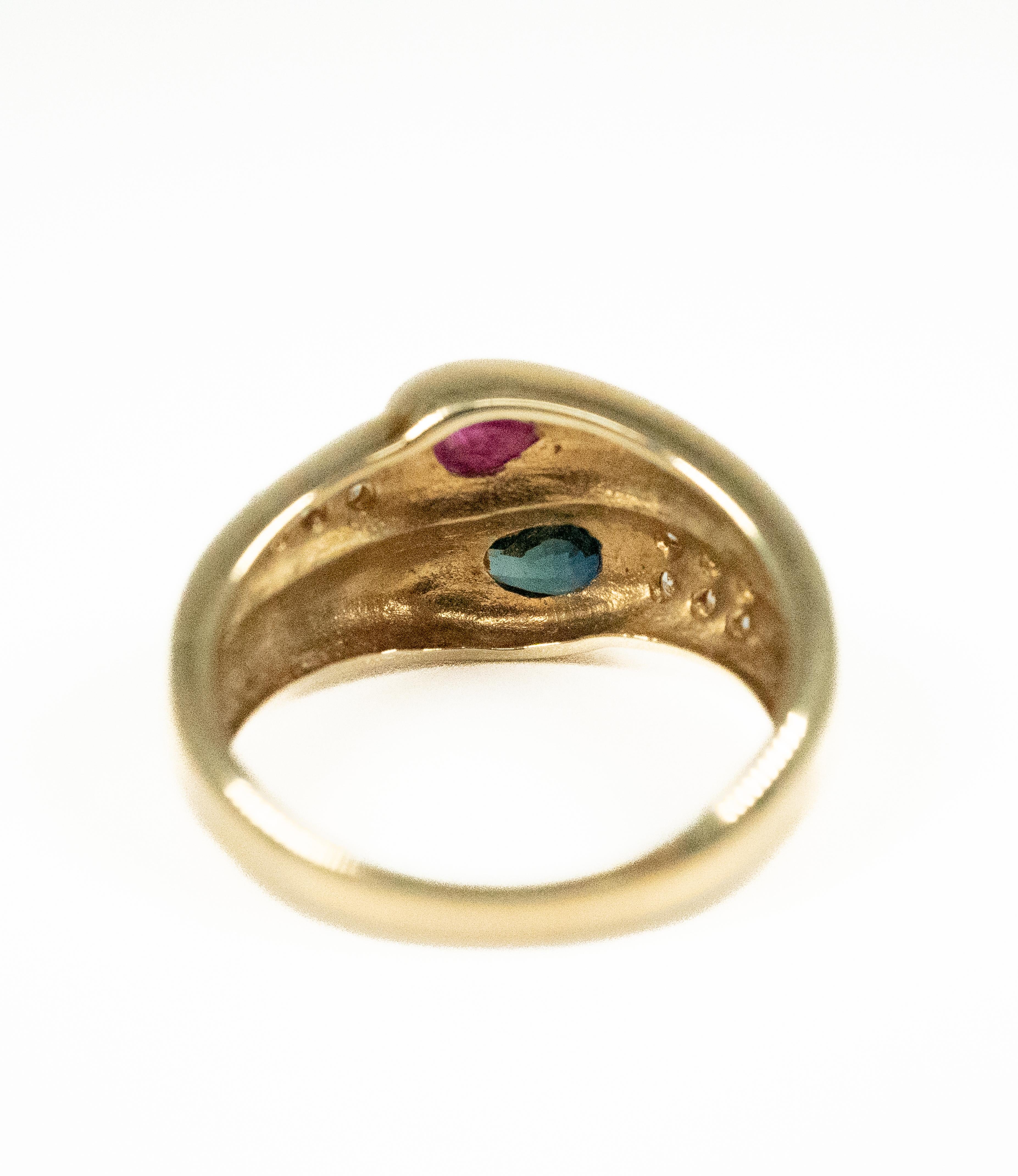 Yellow Gold Ruby Blue Sapphire Diamond Ring In Good Condition For Sale In Dallas, TX