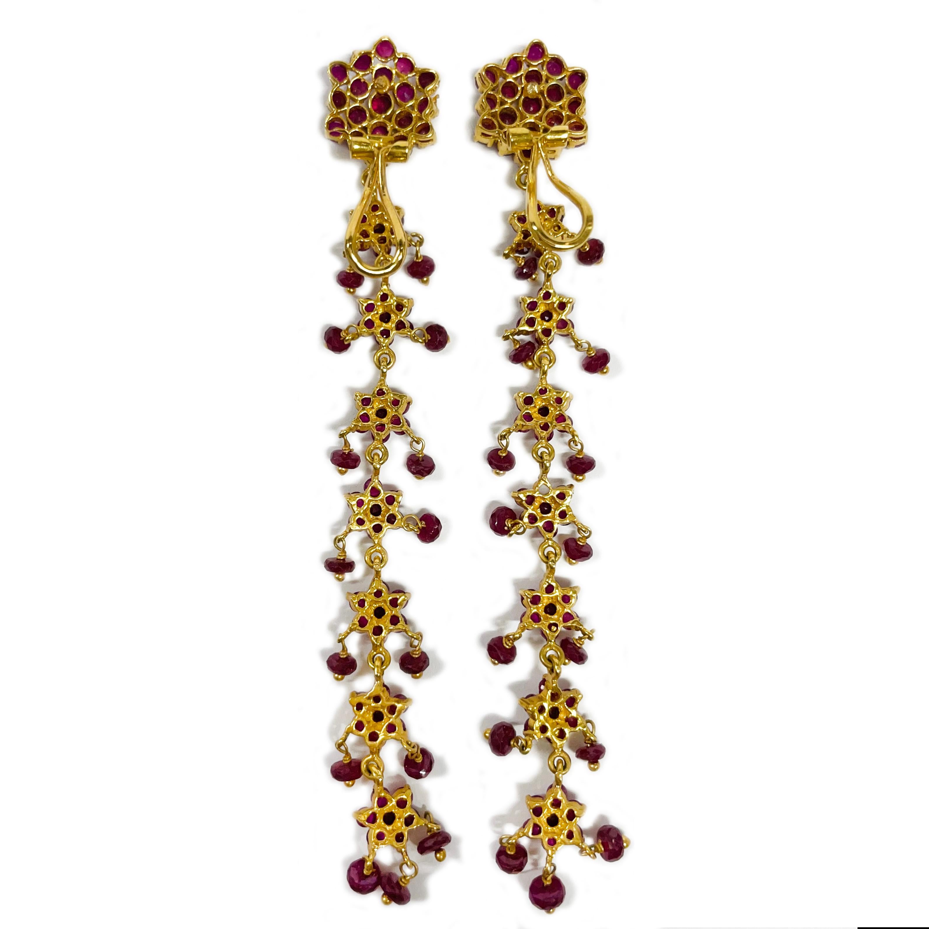 Round Cut Yellow Gold Ruby Clip-On Dangle Earrings For Sale