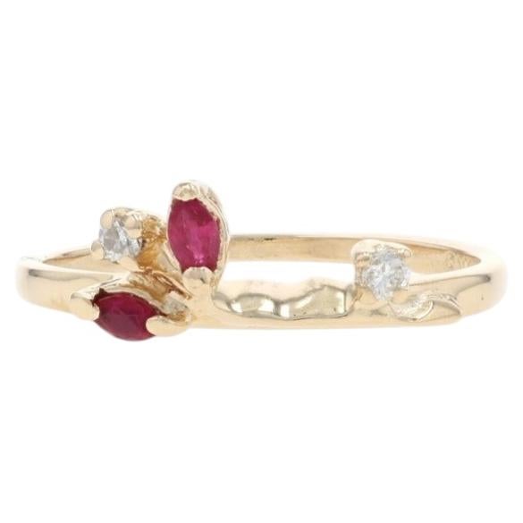 Yellow Gold Ruby Diamond Band - 14k Marquise .28ctw Leaves Guard Ring
