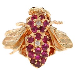 Yellow Gold Ruby & Diamond Bee on Honeycomb Cluster Cocktail Ring 14k Rd .70ctw