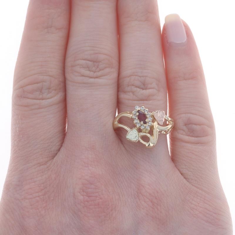Taille Marquise Yellow Gold Ruby & Diamond Black Hills Gold Halo Ring 10k Marquise .25ctw Leaves en vente