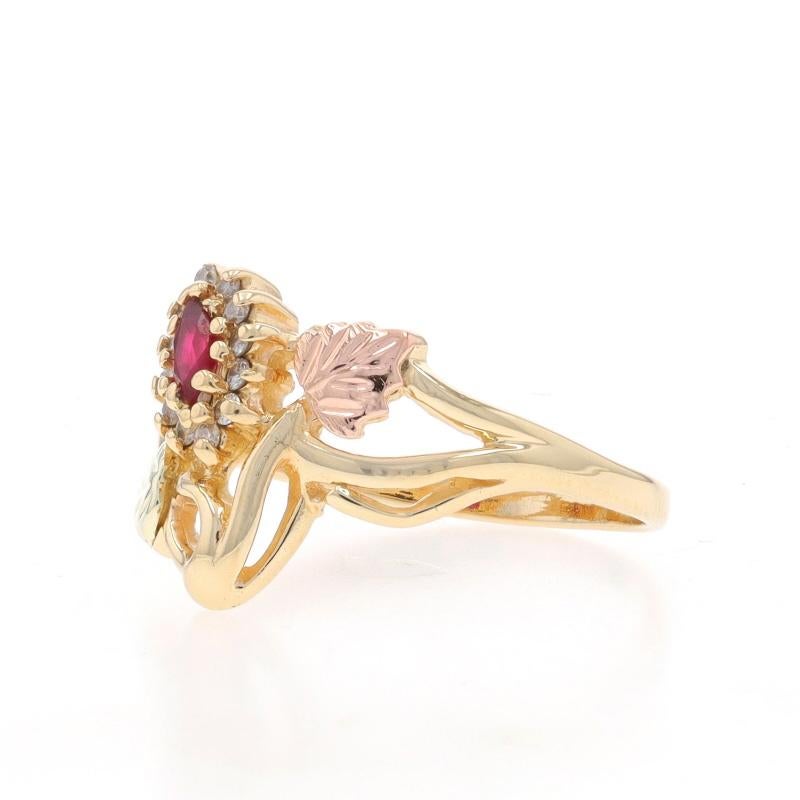 Yellow Gold Ruby & Diamond Black Hills Gold Halo Ring 10k Marquise .25ctw Leaves Excellent état - En vente à Greensboro, NC