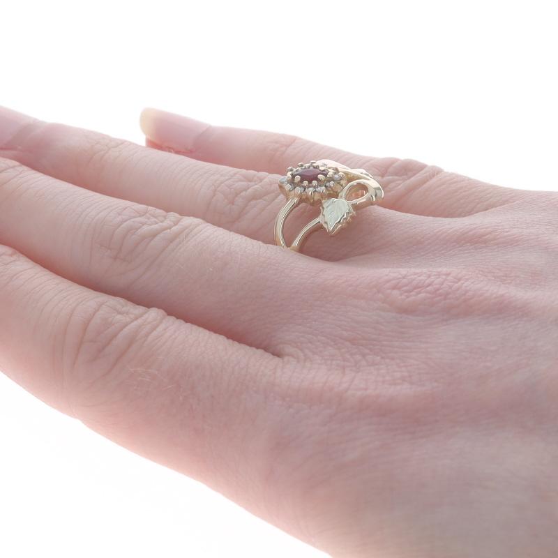 Yellow Gold Ruby & Diamond Black Hills Gold Halo Ring 10k Marquise .25ctw Leaves Pour femmes en vente