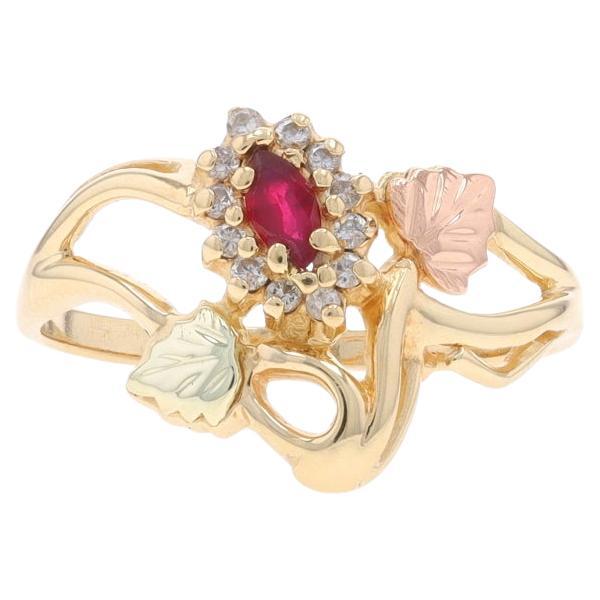 Yellow Gold Ruby & Diamond Black Hills Gold Halo Ring 10k Marquise .25ctw Leaves