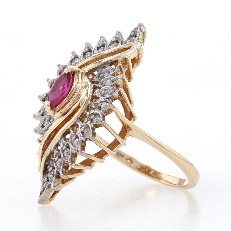 Marquise Cut Yellow Gold Ruby & Diamond Bypass Ring - 10k Marquise .51ctw For Sale