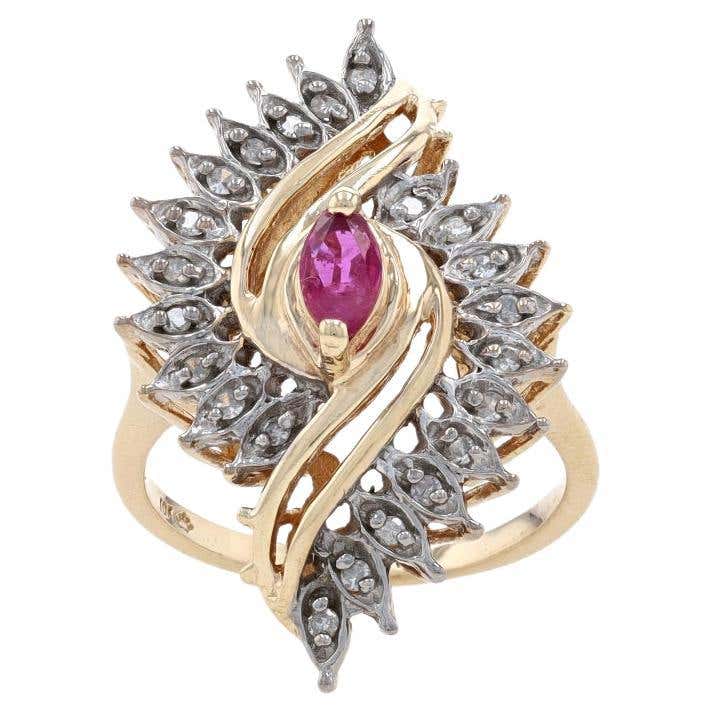 10k Yellow Gold 4 x 8mm Marquise Ruby with 10 Channel Set Diamonds Ring ...