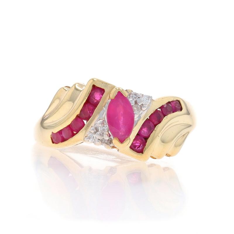 Size: 7
Sizing Fee: Up 1/2 a size for $30 or Down 1/2 a size for $30

Metal Content: 10k Yellow Gold & 10k White Gold

Stone Information

Natural Ruby
Treatment: Heating
Carat(s): 0.85ctw
Cut: Marquise and Round
Color: Pinkish Red

Natural