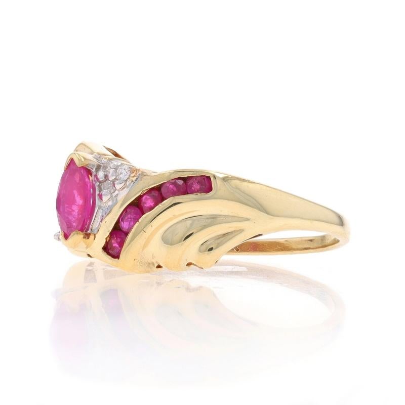 Yellow Gold Ruby Diamond Bypass Ring 10k Marquise and Round .88ctw In Excellent Condition For Sale In Greensboro, NC