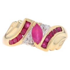 Bague Bypass en Or Jaune Rubis Diamant 10k Marquise et Rond .88ctw