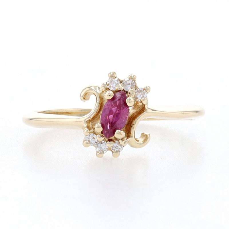 Size: 5 1/4
Sizing Fee: Down 2 for $30 or up 2 for $35

Metal Content: 14k Yellow Gold

Stone Information

Natural Ruby
Treatment: Heating
Carats: .20ct
Cut: Marquise
Color: Pinkish Red

Natural Diamonds
Carats: .06ctw
Cut: Single
Color: G -