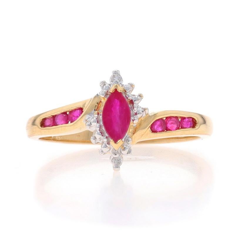 Size: 7
Sizing Fee: Up 1/2 a size for $30 or Down 1/2 a size for $30

Metal Content: 14k Yellow Gold & 14k White Gold

Stone Information

Natural Rubies
Treatment: Heating
Carat(s): .54ctw
Cut: Marquise & Round

Natural Diamonds
Carat(s): (2)