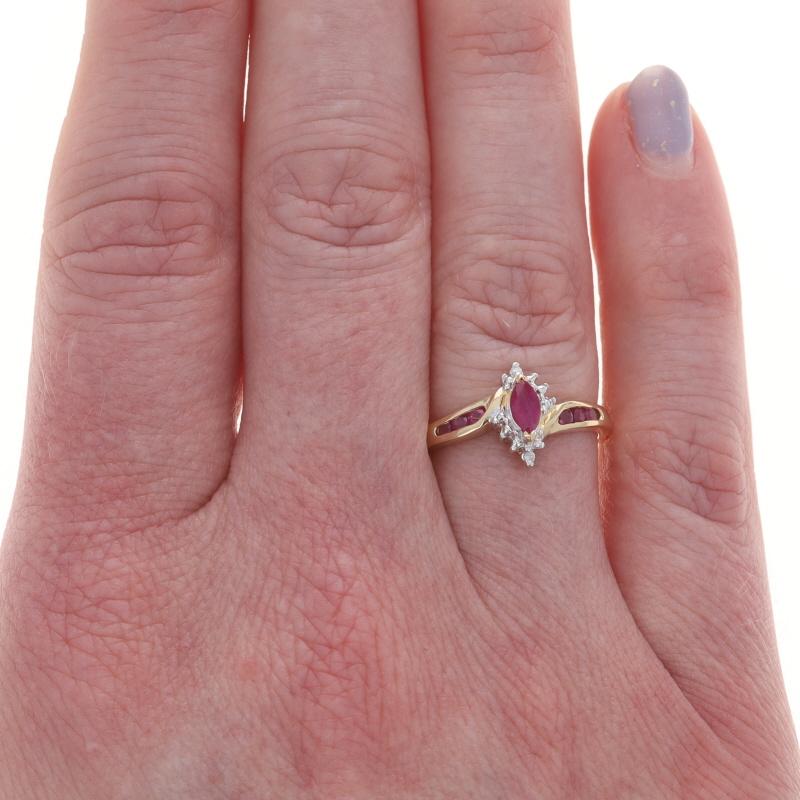 Round Cut Yellow Gold Ruby Diamond Bypass Ring - 14k Marquise & Round 2.54ctw For Sale