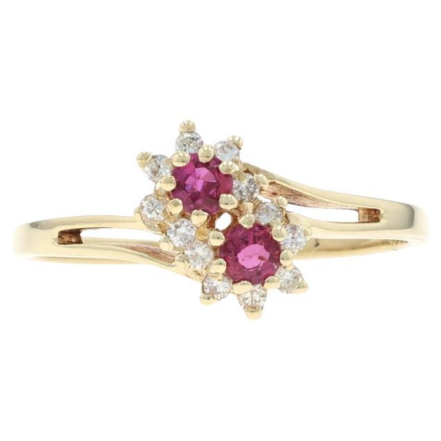 Yellow Gold Ruby Diamond Bypass Ring - 14k Round .30ctw Floral Two-Stone