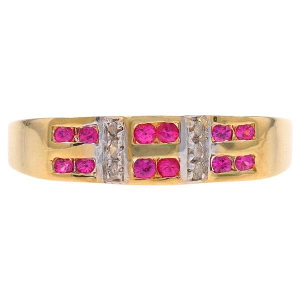 Yellow Gold Ruby & Diamond Cluster Band - 18k Round .39ctw Ring