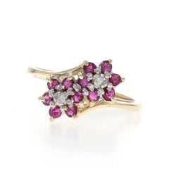 Yellow Gold Ruby Diamond Cluster Bypass Ring - 10k Round .28ctw Flowers