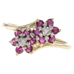 Yellow Gold Ruby Diamond Cluster Bypass Ring - 10k Round .28ctw Flowers