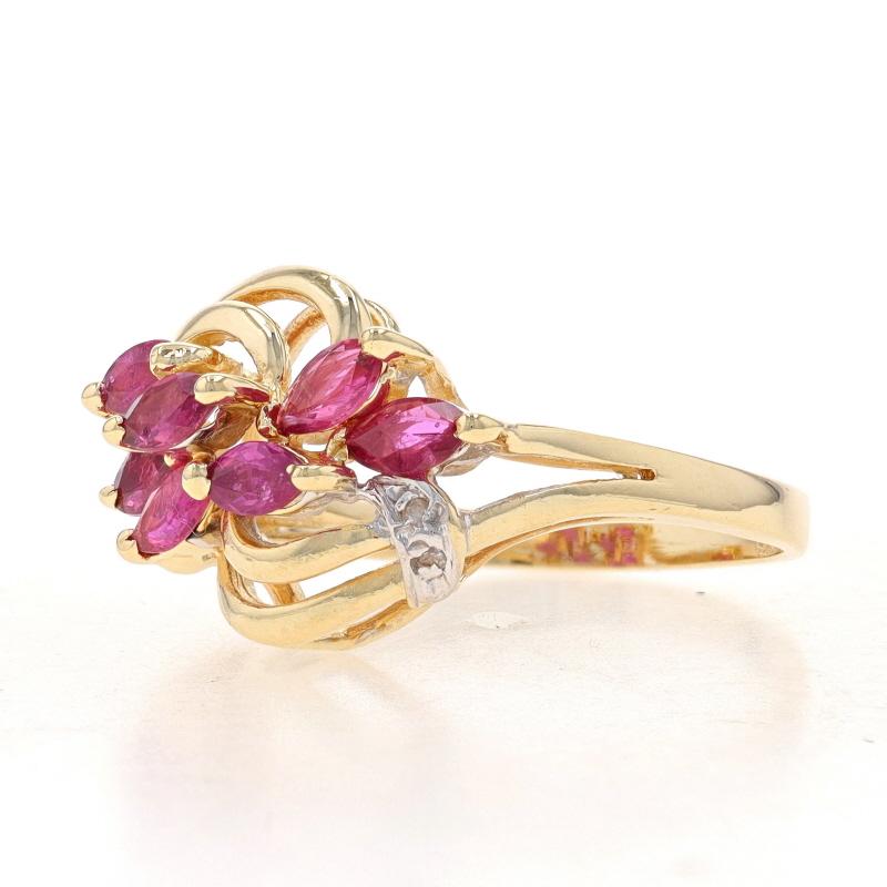 Size: 6 1/4
Sizing Fee: Up 2 1/2 sizes for $35 or Down 1 1/2 sizes for $30

Metal Content: 14k Yellow Gold & 14k White Gold

Stone Information

Natural Rubies
Treatment: Heating
Carat(s): .56ctw
Cut: Marquise
Color: Purplish Red

Natural