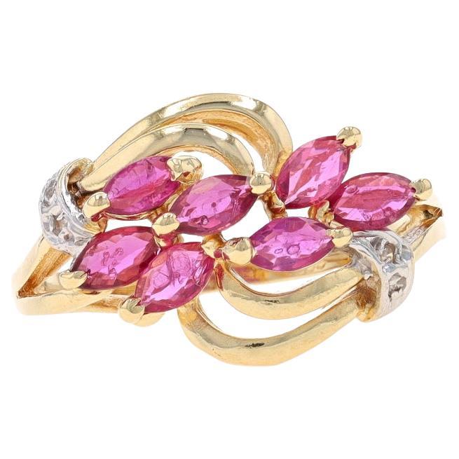 Yellow Gold Ruby & Diamond Cluster Bypass Ring - 14k Marquise .56ctw Floral For Sale